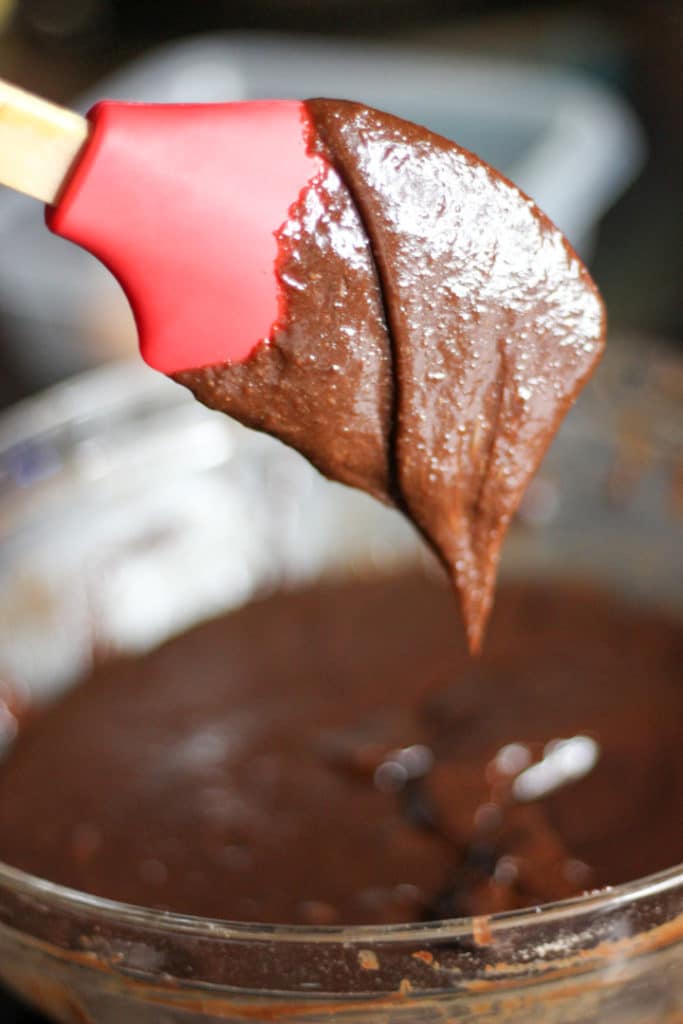 Chewy fudge brownies batter mix from scratch on a red spatula