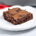 close up of gooey chewy fudge brownies made from scratch