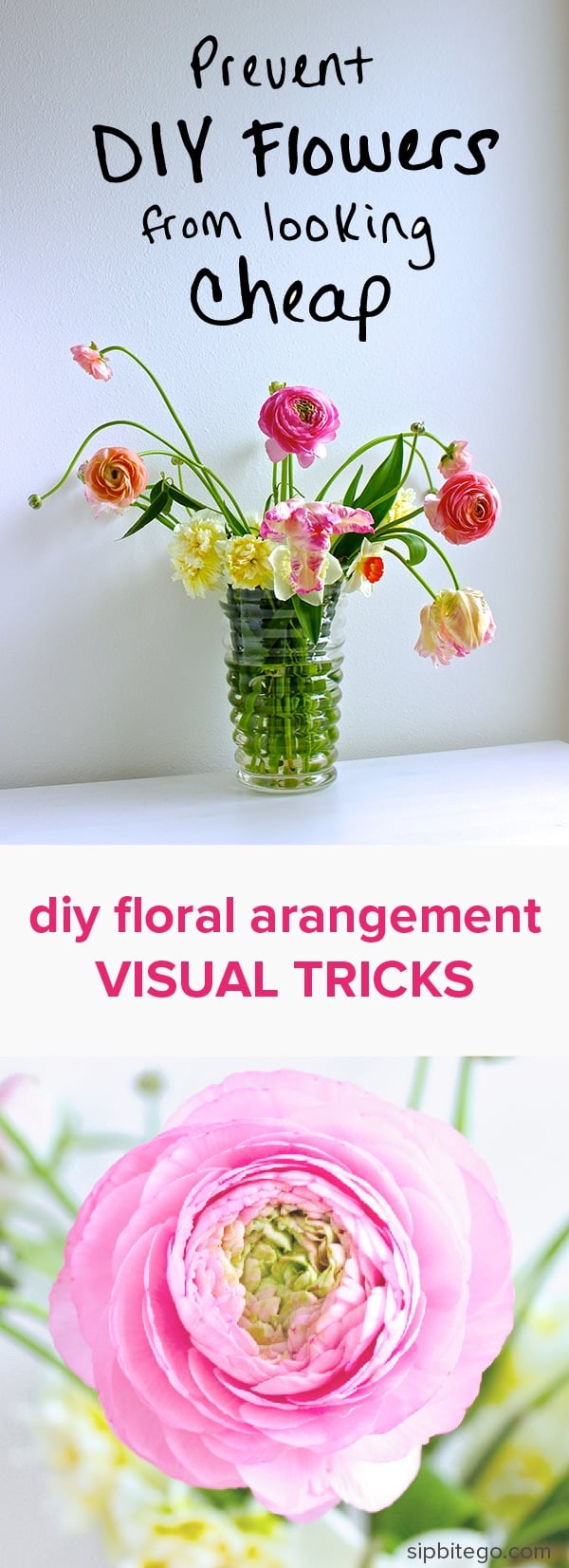 Learn how to prevent a simple floral arrangement from looking cheap in this tutorial for a floral arrangement with pink peonies on a mirror centerpiece. From outdoor garden weddings to rustic barn receptions, these floral garden wedding ideas will help make your DIY floral arrangement look expensive and professional. Make your own flower arrangement for your wedding day. Find more at sipbitego.com