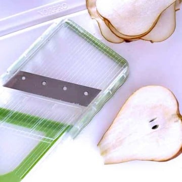 progressive mandolin pear sliced white cutting board
