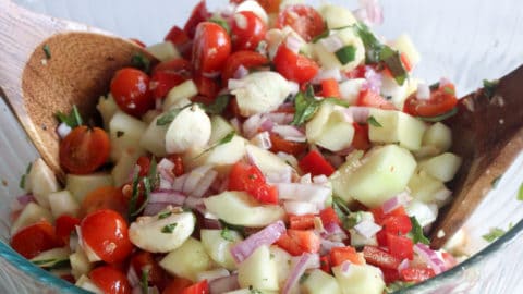 party size bowl of best caprese salad recipe with mozzarella balls