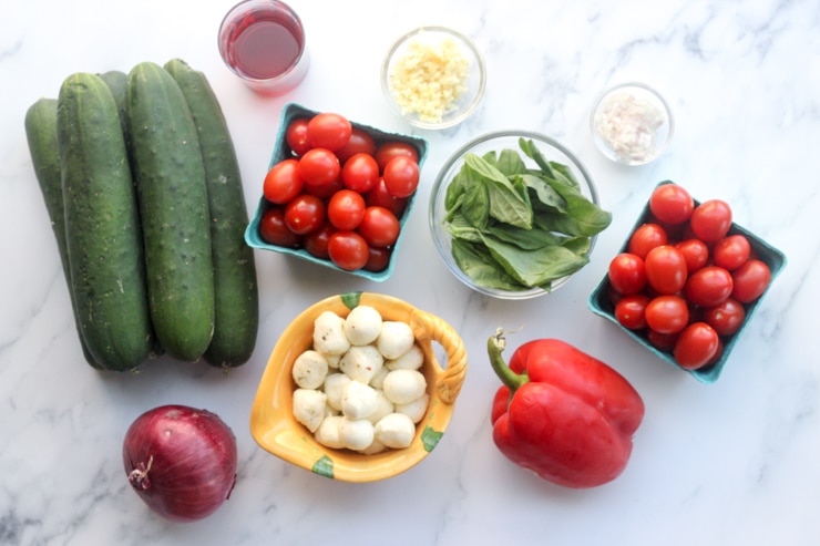 ingredients for best caprese salad recipe with mozzarella balls with cucumbers, tomatoes, basil, red onion, garlic