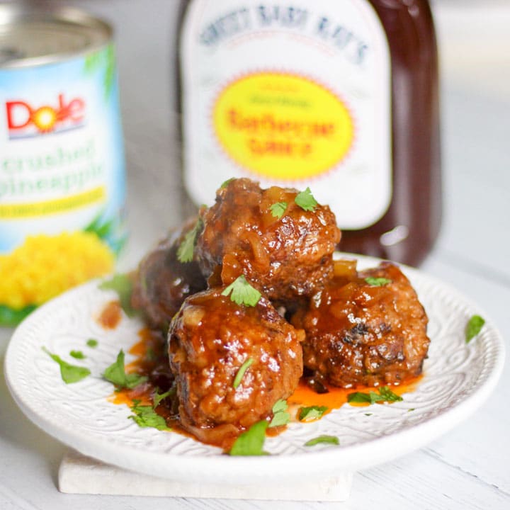 Slow Cooker Hawaiian Pineapple BBQ Meatballs with dole pineapples and sweet baby rays bbq sauce containers