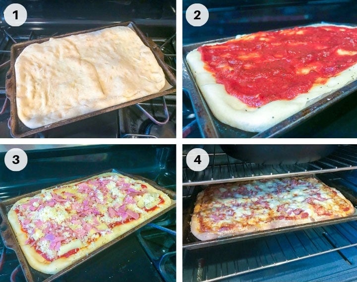 step by step guide to adding pizza toppings to homemade pizza with red pizza sauce cheese and ham