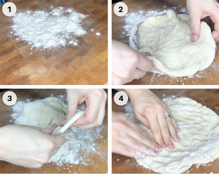 homemade pizza dough step by step guide flouring butcher block and stretching dough