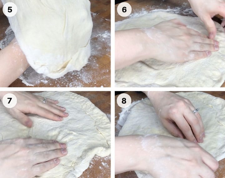homemade pizza dough step by step guide flouring butcher block and pushing and stretching dough