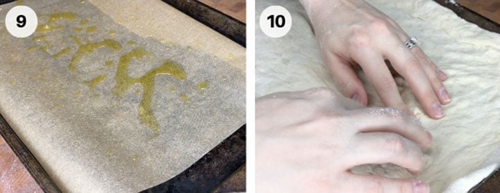 homemade pizza dough step by step guide with sheet pan and stretched dough