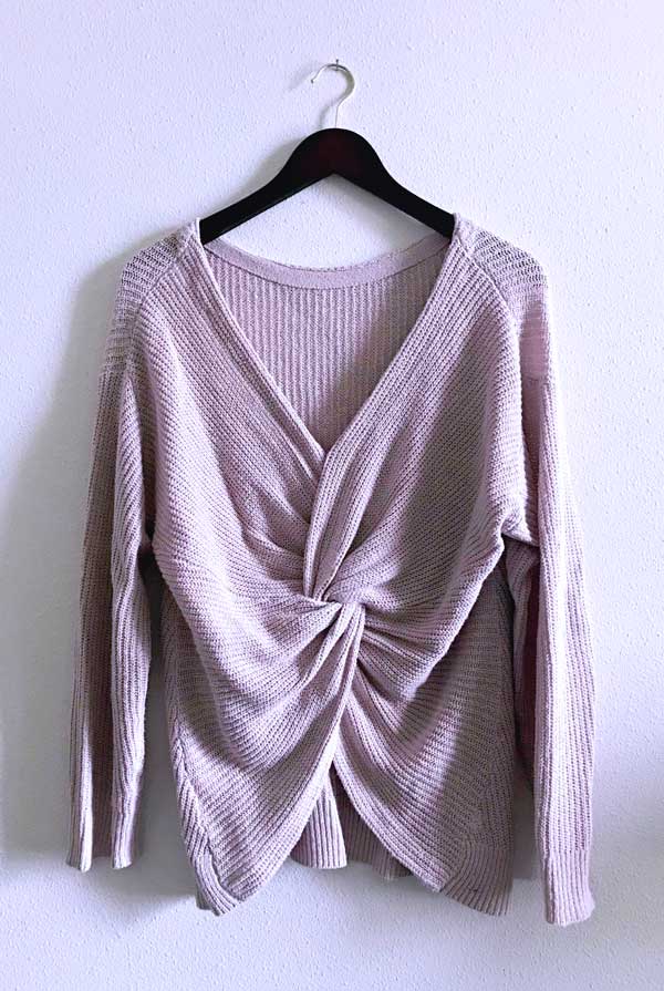 Spring Stitch Fix box opening 2018 Pixley - Fallan twist back plunging V neck sweater in beige - with a deep v neck and front knot detail