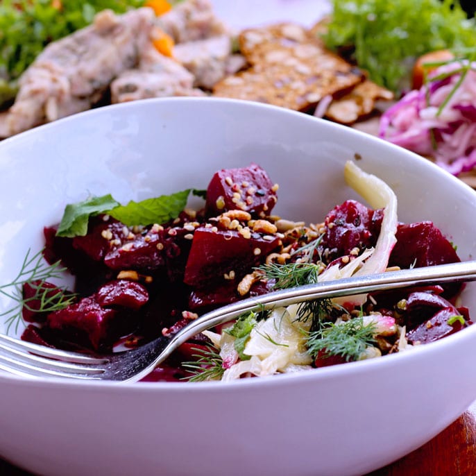 Beet salad with tahini dressing at The Mill House at The Maui Tropical Plantation