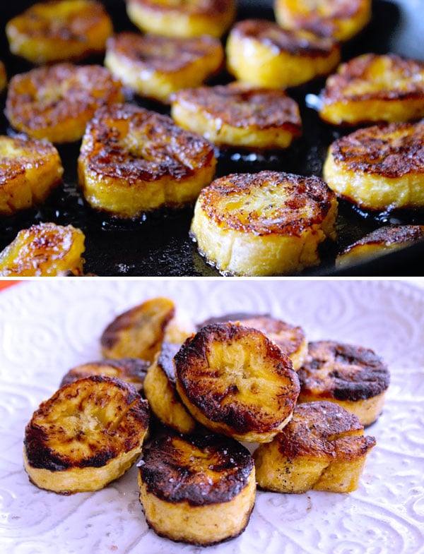 white plate with fried sweet plantain slices in a pan