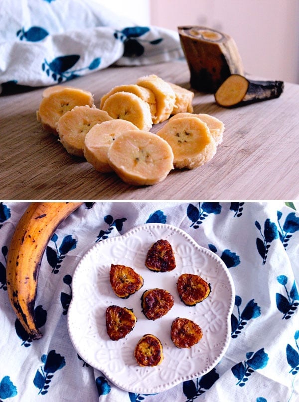 Caribbean fried sweet plantain slices in a pan