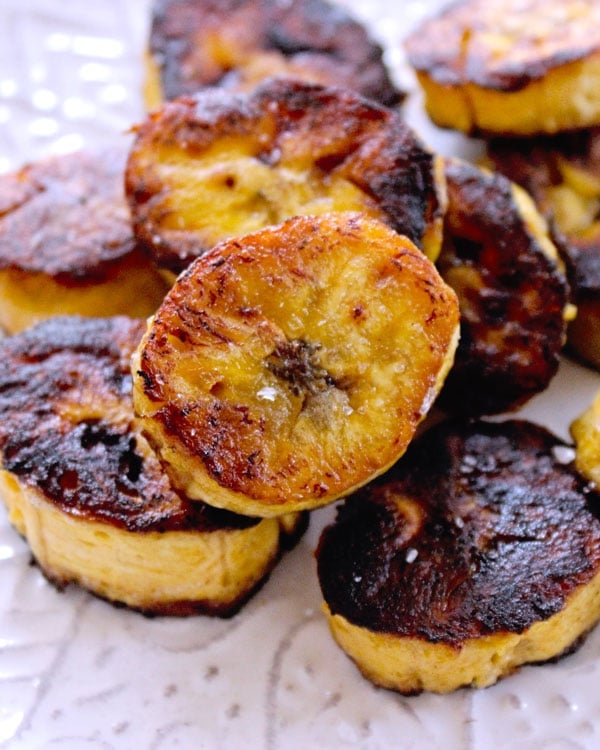 caramelized fried sweet plantain slices in a pan