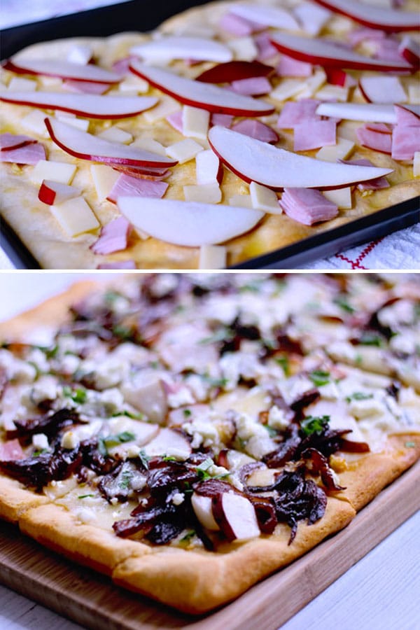 ingredients for a pear and goat cheese flatbread topped with caramelized onions, ham and cheddar