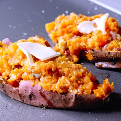 Twice baked sweet potatoes with bleu cheese - Sip Bite Go