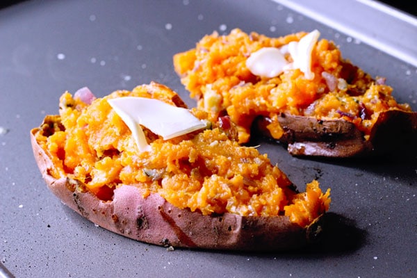 Twice baked sweet potatoes with bleu cheese - Sip Bite Go