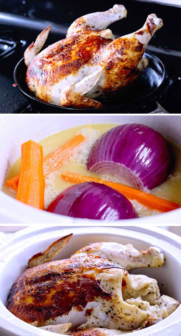 How to slow cook a whole chicken in the crock pot with garlic red onion and carrots