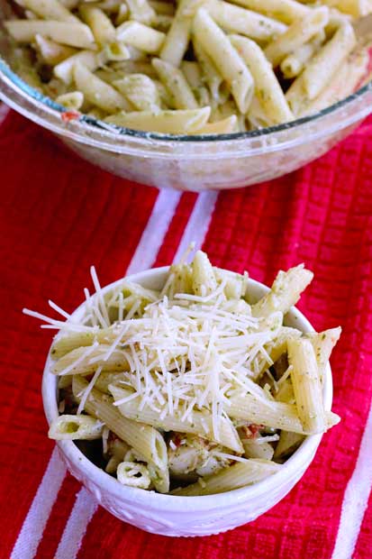 creamy pesto pasta salad with mozzarella and with store bought pesto