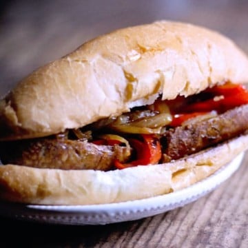 Slow cooked sausage with peppers and onions for sausage sandwiches