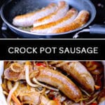 slow cooker sausage sandwiches in the crock pot with onions and peppers