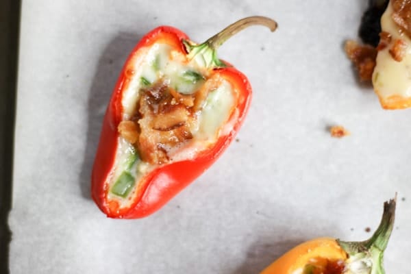 party tray prepared with Bacon and goat cheese stuffed mini peppers