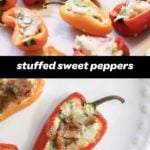 Bacon and goat cheese stuffed mini peppers on a baking sheet