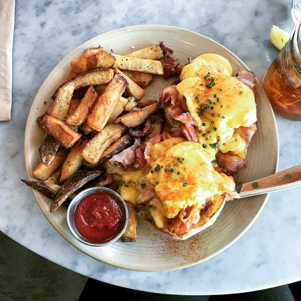 Eggs Benedict with ham at Besaws in Portland for brunch