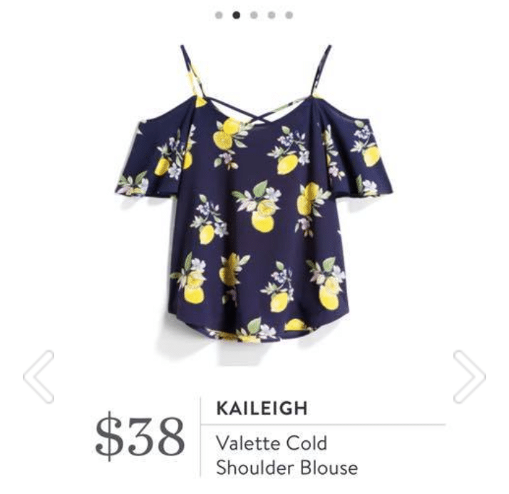 Kaileigh - Valette Cold Shoulder Blouse in floral and lemon pattern in navy and yellow