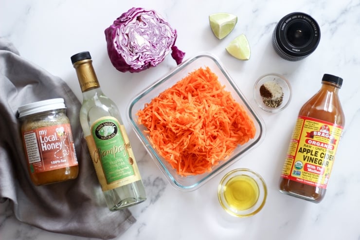 Ingredients for slaw laid out on countertop.