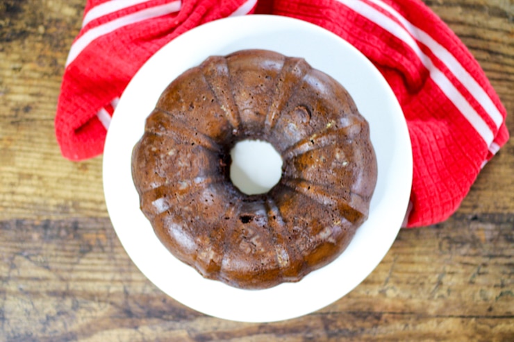 chocolate bundt cake batter made from cake mix, sour cream and chocolate pudding