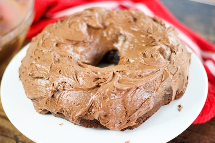 triple chocolate bundt cake with chocolate frosting made from scratch