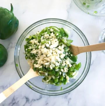 Green Pepper Salad with Salsa Verde Dressing in a Mixing Bowl