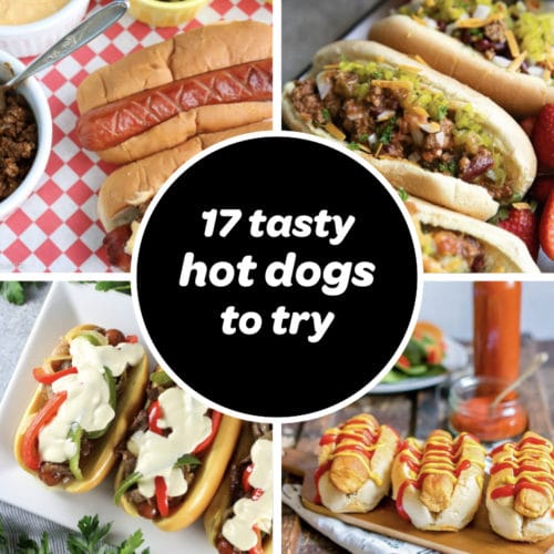 collage of gourmet hot dogs for hot dog bars and potlucks