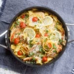chicken piccata pasta in a white wine sauce in a calphalon space saving pan set