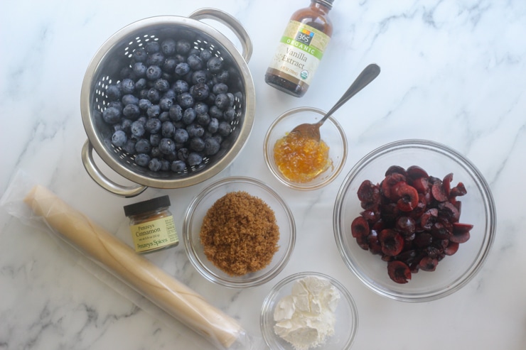 Ingredients for Mixed Berry Galette (Cherries, Blueberries, and Pie Crust Dough