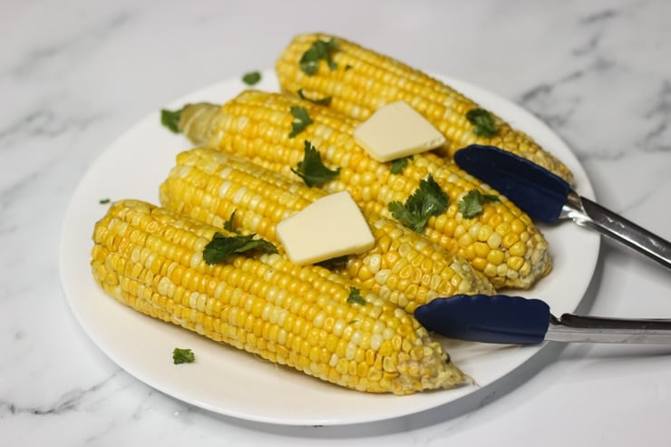 butter poached sous vide corn on the cob on a plate with cilantro