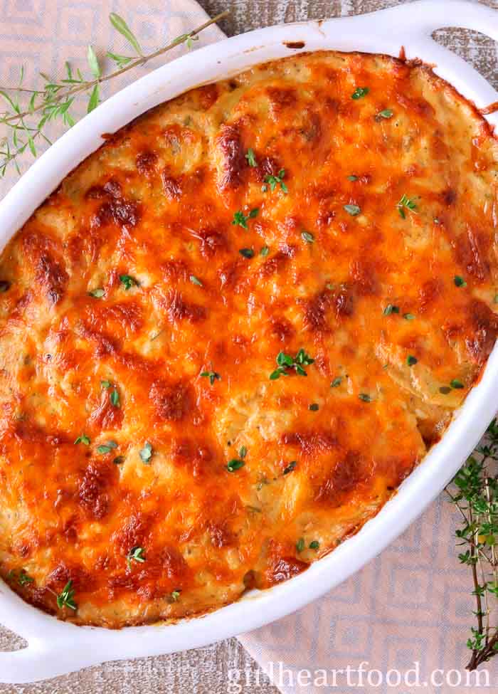 Platter of Easy Scalloped Potatoes to serve with steak