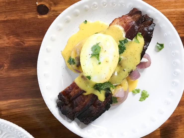 entertaining guests for a sous vide brunch with poached eggs and sous vide overnight bacon