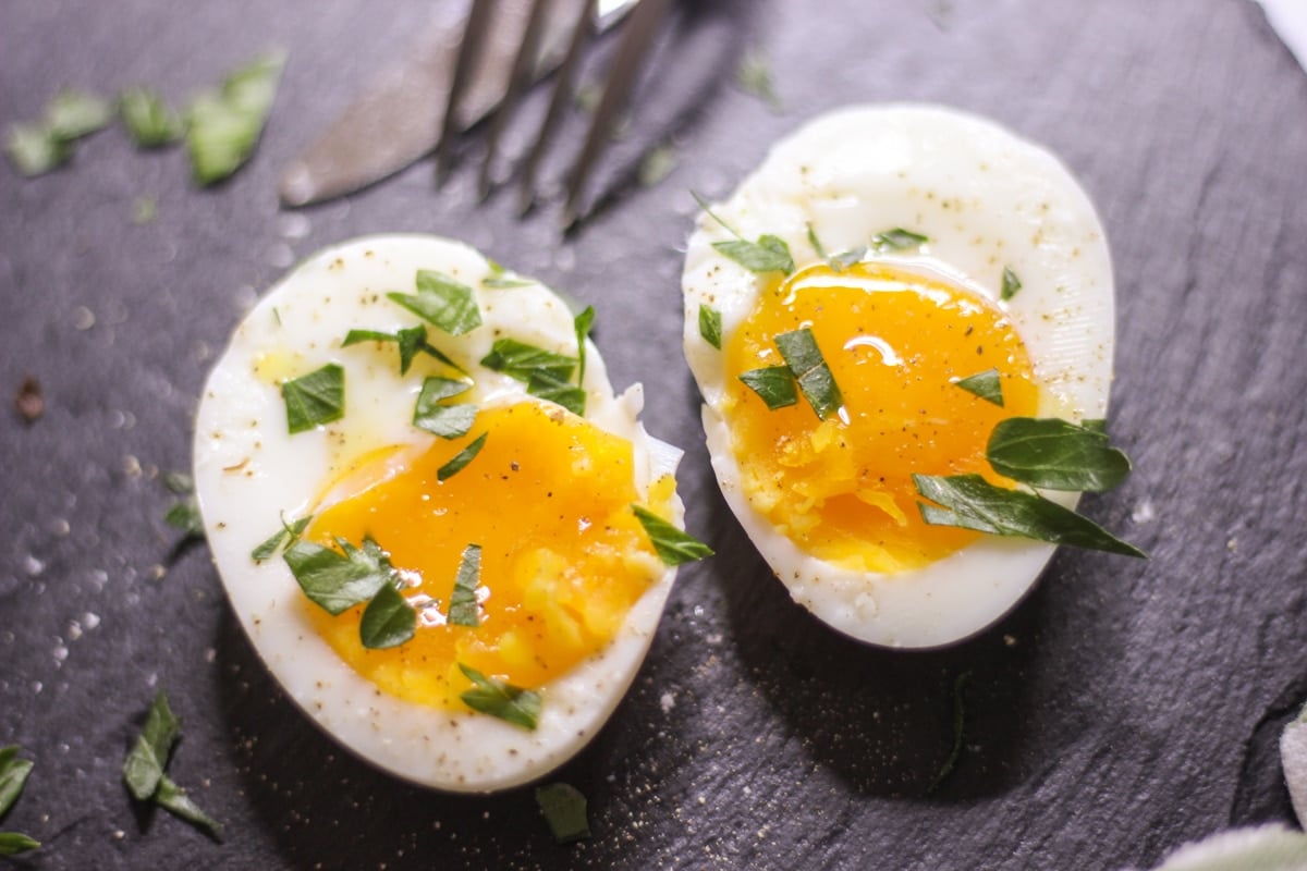 sous vide soft boiled egg cut in half 