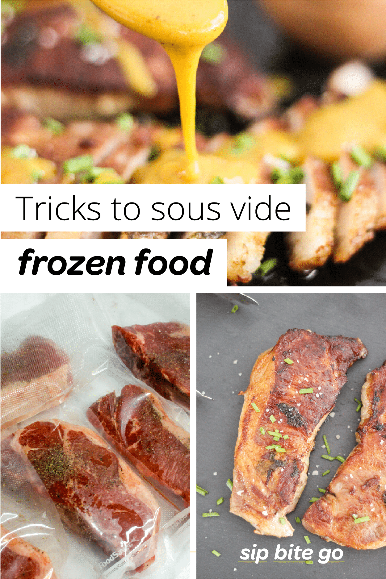 collage of sous vide food cooked from frozen pinterest pin
