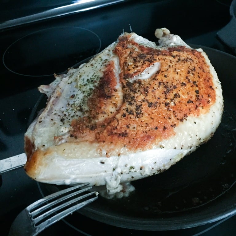 Broiled sous vide frozen turkey breast after a 4 hour cook.