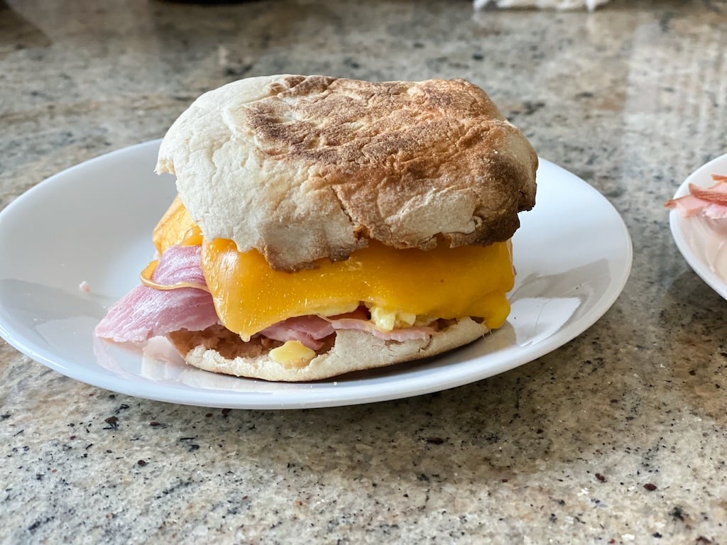 Breakfast sandwich on English muffins from a once a month costco shopping haul