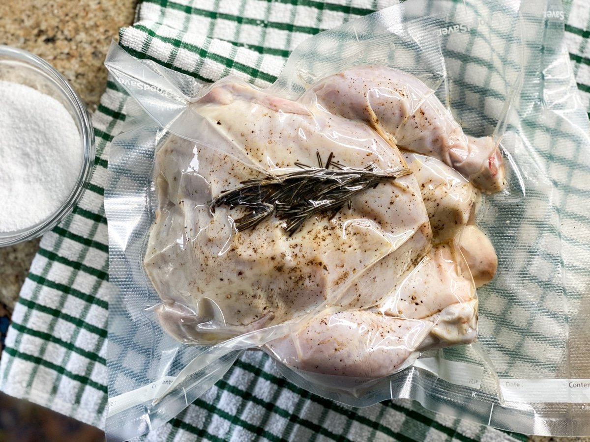 vacuum sealed entire chicken for sous vide bath