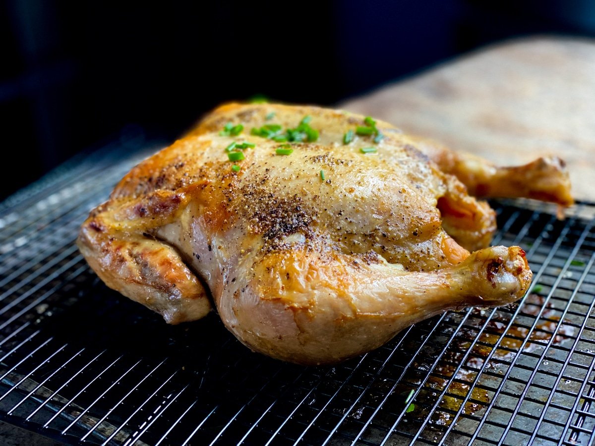 roasted sous vide whole chicken that was spatchcocked before vacuum sealing it