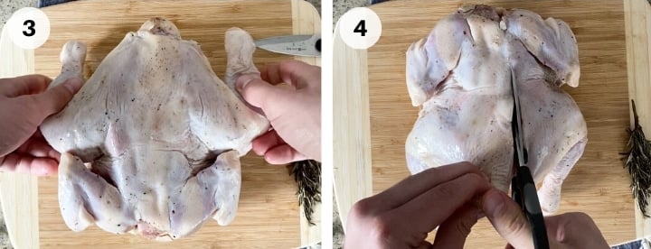 demonstrating how to spatchcock a whole chicken