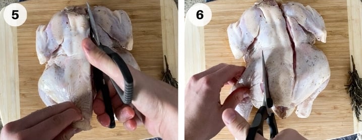 demonstrating how to cut spatchcocked chicken