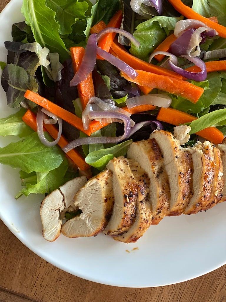 salad with vegetables and chicken from a monthly Costco grocery haul