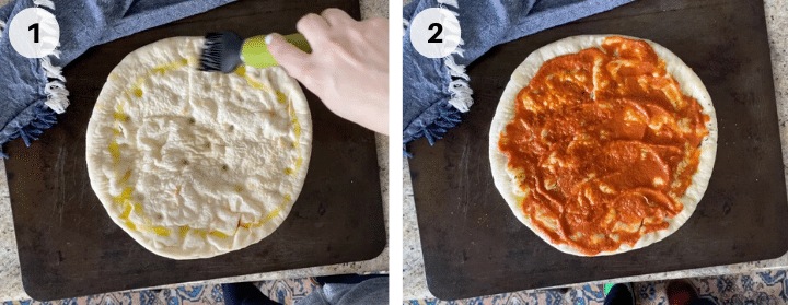 steps to making frozen pizza with olive oil and tomato sauce