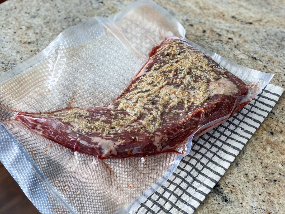 vacuum sealed and seasoned sous vide tri tip