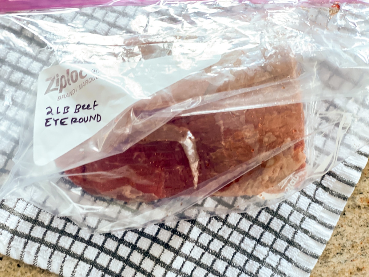 beef eye round in ziploc for sous vide cooking
