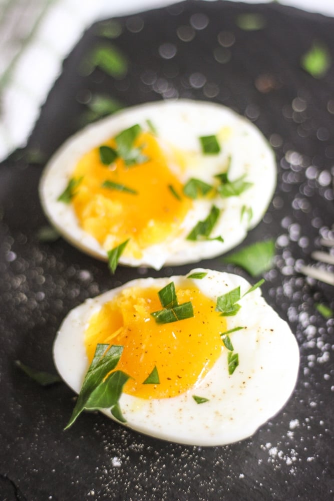 sous vide soft boiled eggs with herbs